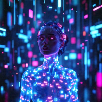 The primary subject of the image is a woman wearing a futuristic, neon-colored outfit. She is standing in front of a backdrop of colorful, geometric patterns. The visual style of the image is a combination of photo and digital art, creating a unique and captivating scene. The colors and mood of the image are vibrant and energetic, with the neon colors and patterns adding a sense of excitement and innovation to the overall atmosphere.